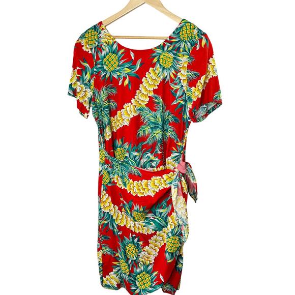 90's Hilo Hattie Auth Hawaiian Faux Wrap Sarong Dress Tropical Pineapple Medium - Picture 1 of 8